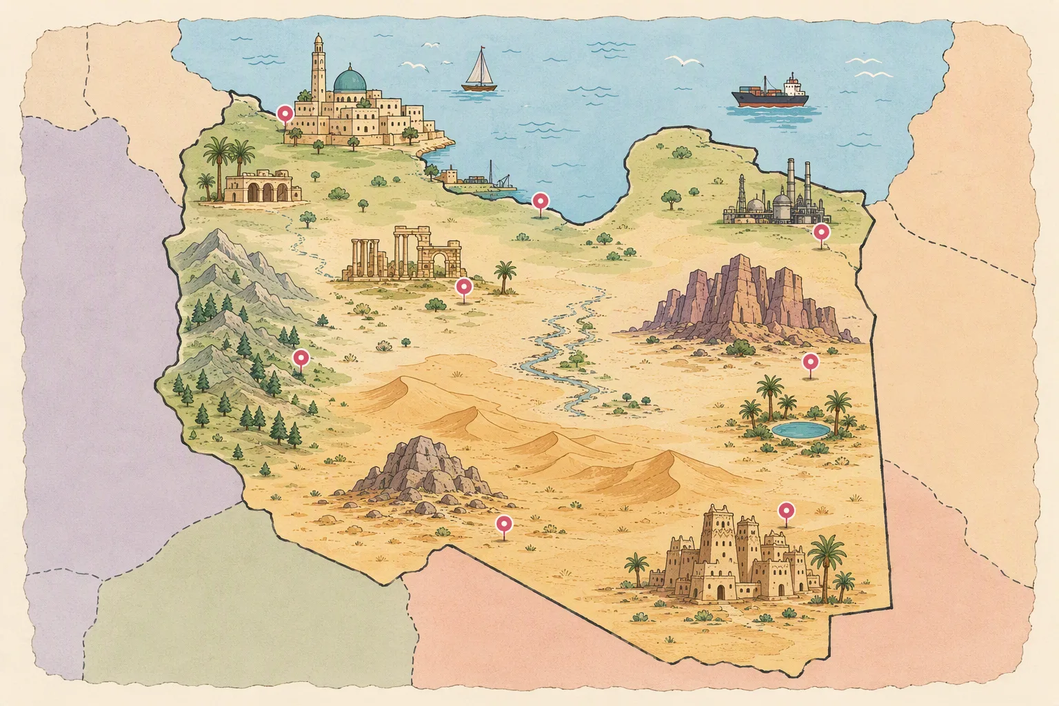 خريطة مرسومة بأسلوب فني لـ Libya