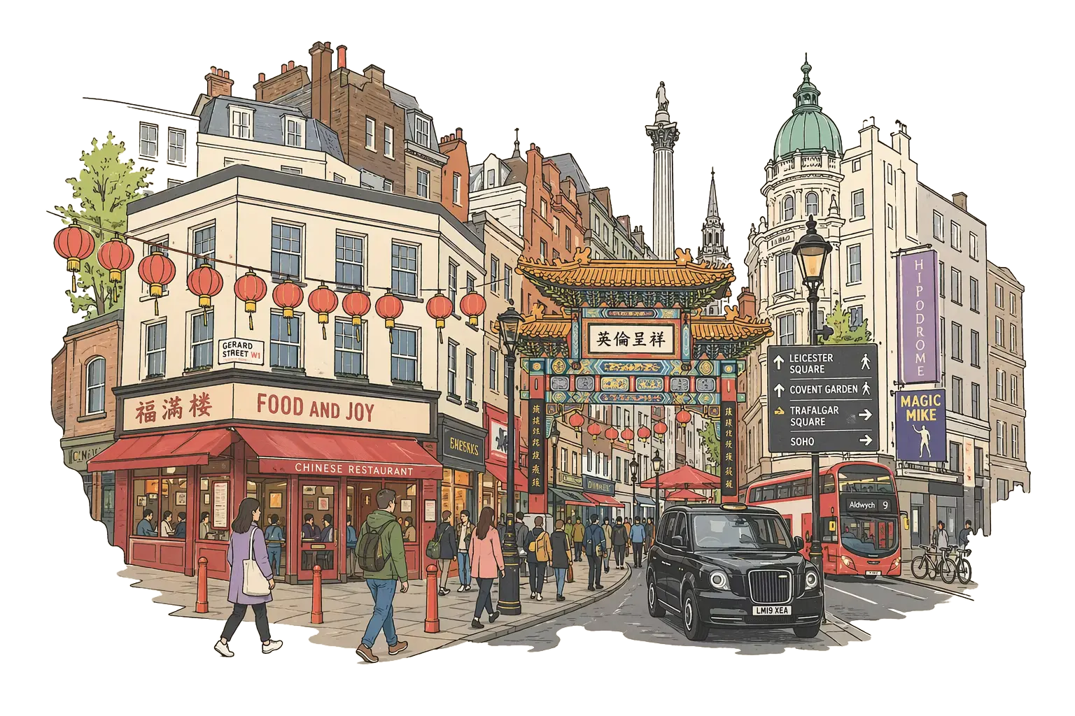 Editorial illustration of Chinatown (Leicester Square area), London (and vicinity)