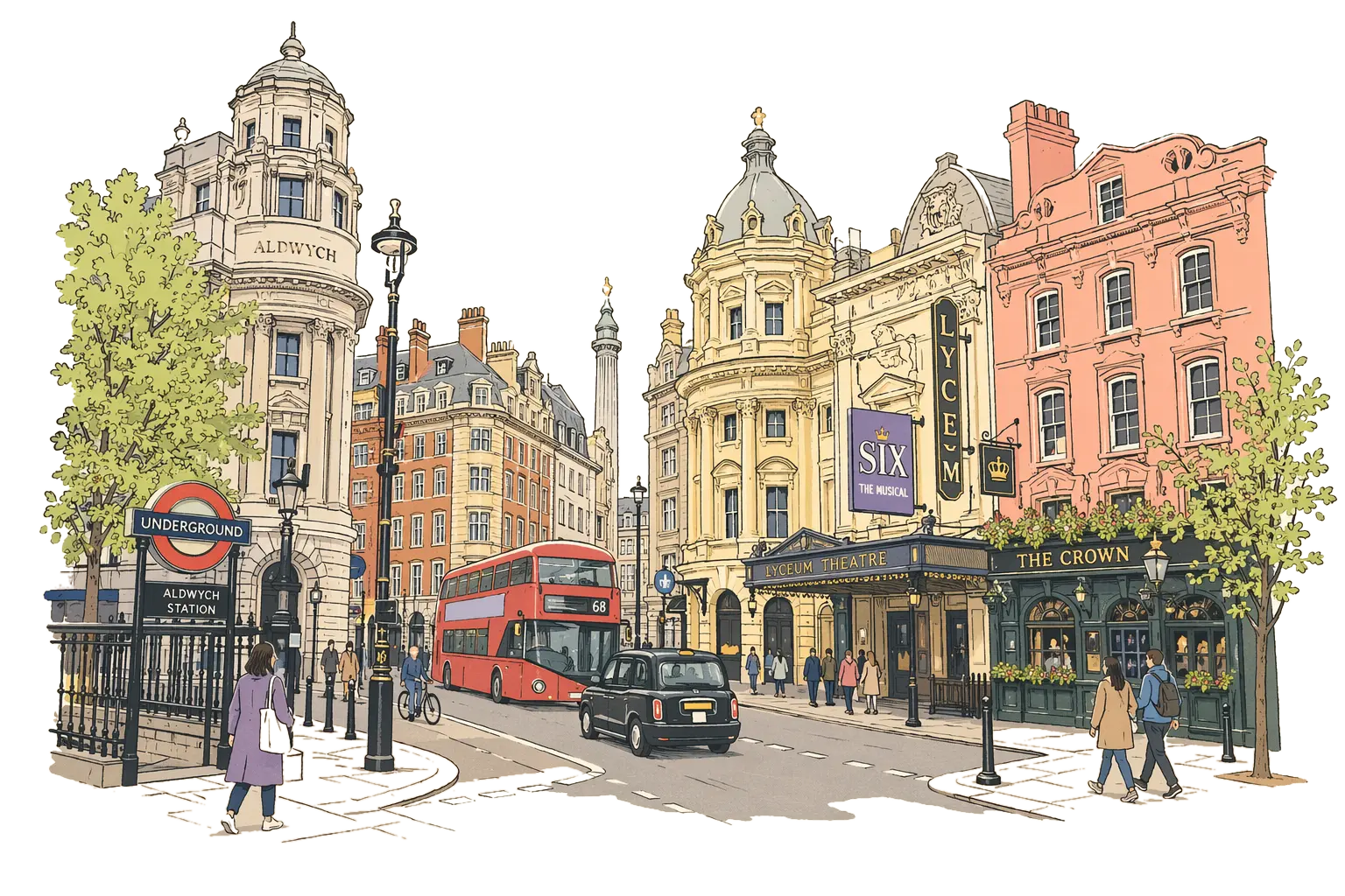 Editorial illustration of Strand (Aldwych / Covent Garden edge), London (and vicinity)