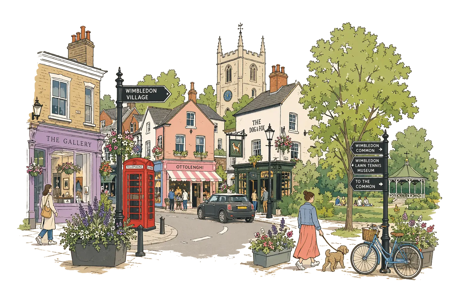 Editorial illustration of Wimbledon Village, London