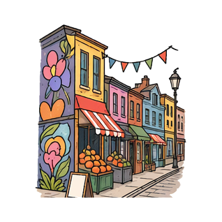 Hand-drawn illustration of Kensington Market