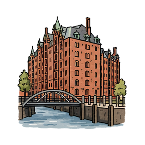 Hand-drawn illustration of Speicherstadt