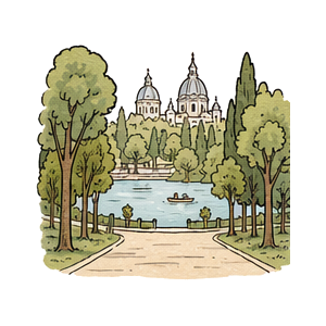 Hand-drawn illustration of Villa Borghese Gardens
