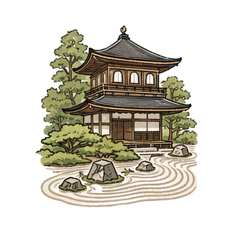 Hand-drawn illustration of 銀閣寺