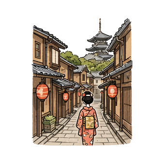 Hand-drawn illustration of 祇園
