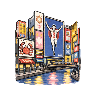 Hand-drawn illustration of 道頓堀