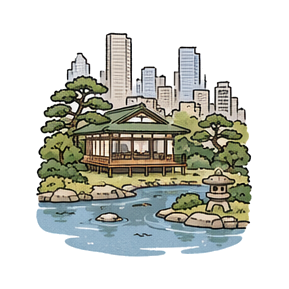 Hand-drawn illustration of Hamarikyu Gardens