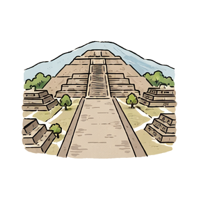 Hand-drawn illustration of Pirámides de Teotihuacán