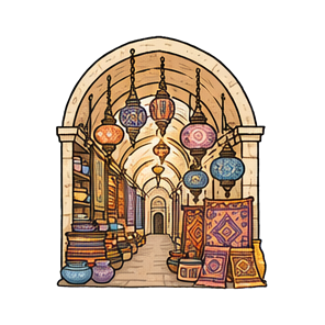Hand-drawn illustration of البازار الكبير